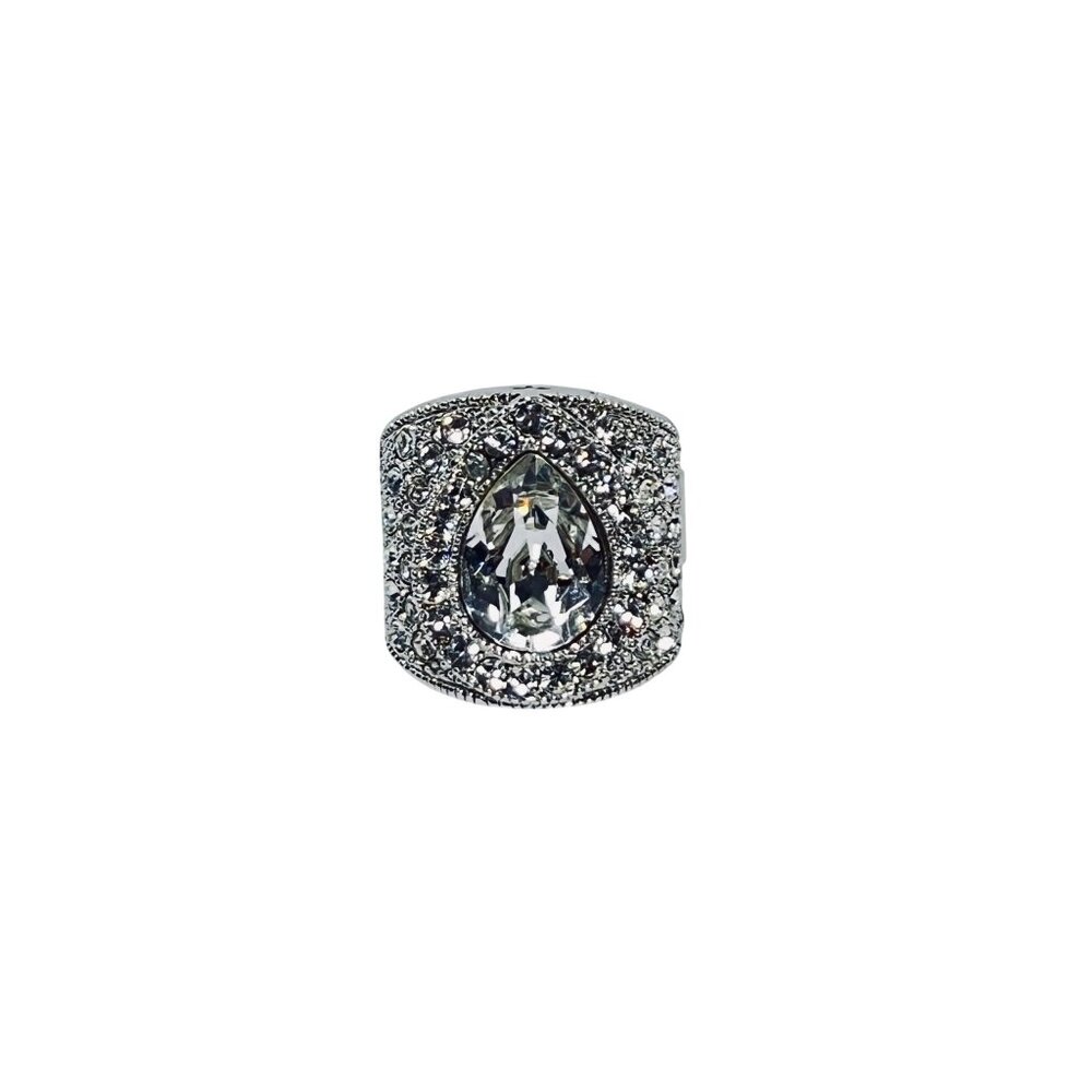 Silver Tone Tear Drop Clear Rhinestone Adjustable Statement Ring (R468)